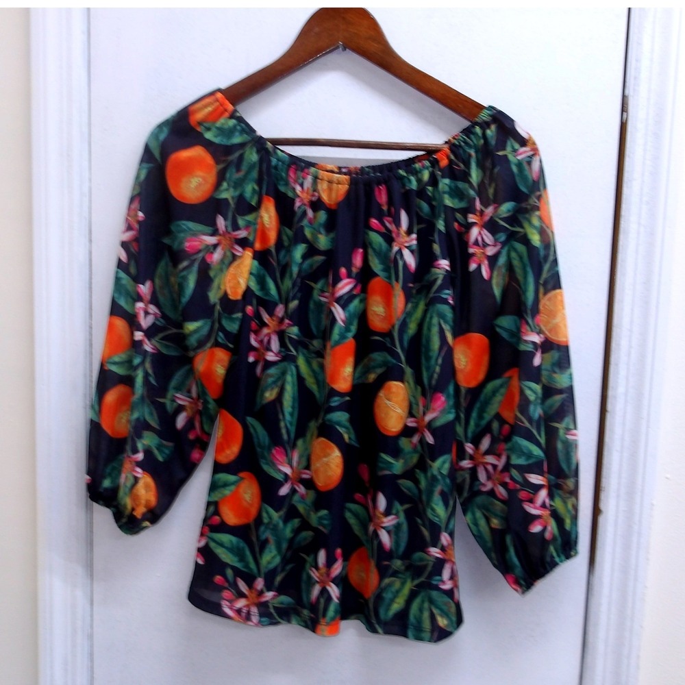 Navy Blue Orange Blossom Print Off Shoulder Blouse Women's Size XXS /#2668